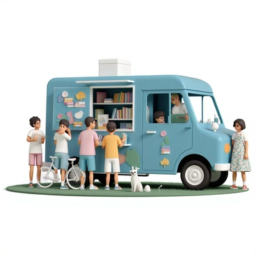 A mobile library van, painted bright blue with colorful illustrations of books and trees on its sides, is parked on a quiet street in a neighborhood. The van has open doors revealing shelves filled with various books, from children's stories to adult novels. A small group of children, wearing t-shirts and shorts, is eagerly selecting books while an adult, wearing glasses and a casual shirt, assists them. Nearby, a woman in a floral dress is browsing through the books, examining a hardcover novel. A bicycle is leaned against the van, and a friendly dog sits on the grass beside the children, watching them curiously. The scene is lively, filled with excitement and the joy of reading.
