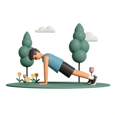 A person, wearing a blue tank top and black athletic shorts, is holding a plank position on a grassy area in a park. Their arms are straight, and their body is parallel to the ground. Surrounding them are tall trees with green leaves, providing dappled sunlight. Colorful flowers, including yellow daisies and red tulips, are blooming nearby, adding vivid splashes of color to the scene. The sky above is clear with a few fluffy white clouds.