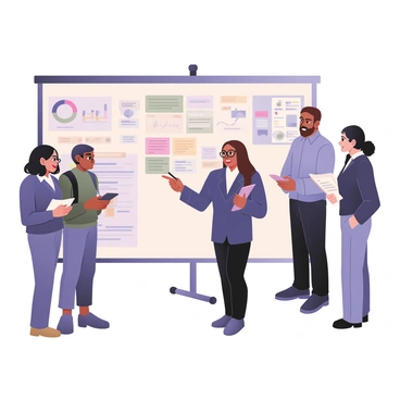 A project manager stands in front of a large whiteboard filled with colorful charts and diagrams. The project manager is a woman with medium skin, wearing a navy blazer, black pants, and glasses. She is pointing towards a flowchart with a confident expression. Around her, a diverse team is gathered, each engaged in discussion. There is a man with dark skin in a light blue shirt, taking notes on a tablet. A woman with light skin and brown hair is writing on the whiteboard with a marker. A man with medium skin and a beard is standing to the side, looking at a stack of papers. The background is a bright office space with a large window letting in natural light.