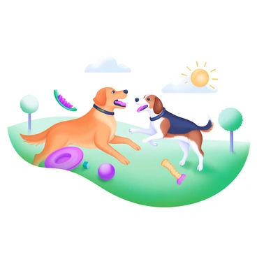 A sunny park scene depicting two dogs playing together. One dog is a golden retriever with a shiny coat, while the other is a playful beagle with distinct brown and white markings. Both dogs are energetically chasing a colorful rubber ball. Nearby, there are scattered toys, including a frisbee and a chew toy, indicating their playful interaction. In the background, green grass and a few trees frame the lively atmosphere, enhancing the sense of joy and companionship.