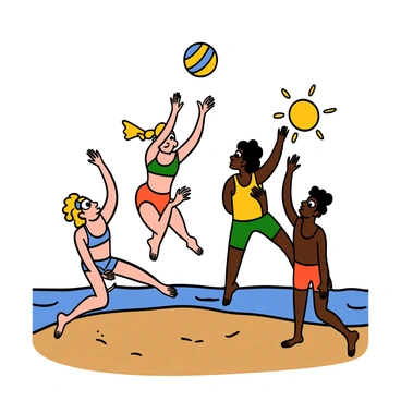 A group of four players on a sandy beach, leaping into the air to hit a volleyball. There are two light-skinned women with big eyes, one with blonde hair in a ponytail and the other with brown hair in braids, wearing colorful bikinis. Two dark-skinned men with big eyes, one with short curly hair and the other with shaved sides, are wearing tank tops and shorts. The sun is shining brightly, and the ocean waves can be seen in the background, along with a clear blue sky. The players are focused on the ball, showcasing their athleticism and teamwork.