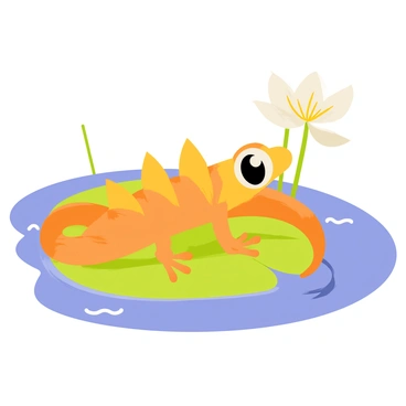 A crested gecko with vibrant orange and yellow markings is resting on a green lilypad. The lilypad is floating gently on the surface of a clear blue pond, surrounded by small ripples that reflect the sunlight. In the background, there are delicate white water lilies blooming, adding to the peaceful setting. The gecko's large eyes are half-closed, indicating relaxation in this calm environment.