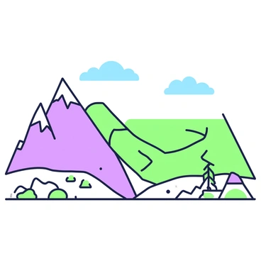 An illustration depicting a visible tectonic plate boundary on land. The scene features two distinct landforms representing the different tectonic plates. On the left, there is a tall mountain range with jagged peaks and rocky textures, while on the right, a wide valley is visible with a smooth terrain. The boundary line between the two landforms is clearly defined, showing evidence of geological activity such as cracks and fractures in the earth. In the foreground, there are scattered rocks and soil, with a few sparse plants growing near the boundary line. A blue sky with a few wispy clouds is visible above the scene.