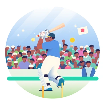 MS Dhoni is in the foreground, wearing a blue cricket jersey and white pants. He is mid-swing, having just struck the cricket ball with his bat, sending it soaring through the air. The ball is shown in motion toward the boundary, indicating a powerful hit. In the background, a large crowd of spectators is cheering enthusiastically, with some fans waving flags and holding banners. The scene captures the excitement of the moment, with bright stadium lights illuminating the field and a clear blue sky overhead.