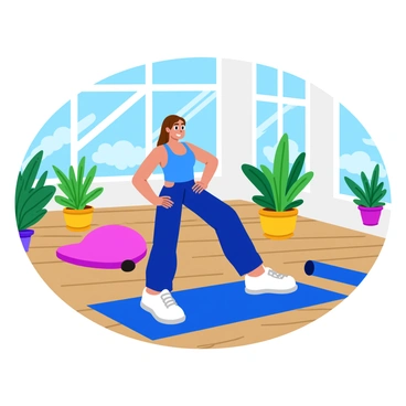 An individual with long brown hair, wearing a fitted blue workout outfit, is using a large stability ball to perform pelvic floor exercises. The person is positioned on the ball with their feet firmly planted on the floor and their hands resting on their hips. Sunlight streams through large windows, illuminating the bright studio, which has wooden flooring and mirrored walls. There are a few indoor plants in the corners, adding a touch of greenery to the environment. A yoga mat is rolled out nearby, ready for additional exercises.