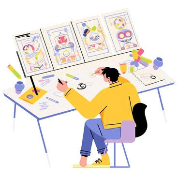 An artist is seated at a drawing table, focused on inking the panels of a comic strip. The comic strip features lively characters, including a cheerful superhero with a bright red cape, a quirky robot with large round eyes, and a mischievous cat with a playful grin. The artist holds a black pen, carefully tracing the outlines of the characters. The workspace is cluttered with various colorful markers, pencils, and sketches. A vibrant mood fills the scene, capturing the creative energy of comic creation.