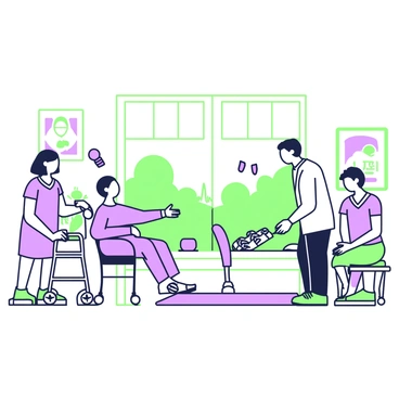 A physical therapy rehabilitation center is depicted with multiple patients receiving treatment. In the center, a therapist is assisting a patient who is using a walker, while another patient is performing exercises on a mat nearby. A third patient is seated on a bench, working with a set of resistance bands under the guidance of another therapist. The space is equipped with various exercise equipment such as weights and therapy balls. Large windows allow natural light to fill the room, and supportive posters related to health and recovery are visible on the walls.