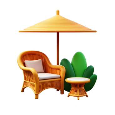 A wicker patio chair with intricate woven patterns, featuring a soft cushion in a neutral color. Next to the chair, there is a small round table made of matching wicker, with a smooth surface. Above the chair and table, a large sun umbrella opens wide, casting a generous shade over the seating area. The scene is set outdoors, surrounded by greenery, enhancing the relaxed atmosphere of the patio.