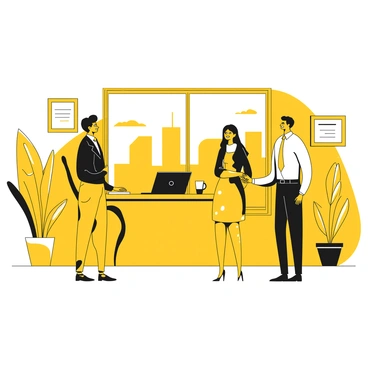 A broker and a client shaking hands in a sleek office setting. The broker is wearing a tailored suit and has a confident smile. The client is dressed in business casual attire, appearing satisfied. In the background, there are large windows with a view of a city skyline. The office is furnished with a contemporary desk, a few colorful plants, and framed certificates on the walls. A laptop and a notepad are visible on the desk, indicating an ongoing business discussion.