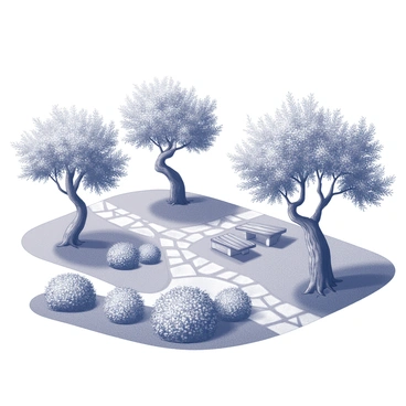 A lush garden featuring several olive trees with twisted trunks and dense foliage. Flowering bushes are scattered throughout the garden, displaying an array of blossoms that attract a variety of insects. There are stone pathways winding between the trees and bushes, leading to a small seating area with rustic benches. The sunlight casts soft shadows on the ground, creating a harmonious atmosphere in the garden.