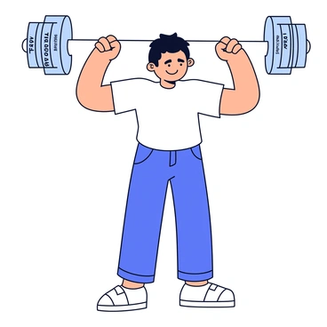 A person with a determined expression is lifting two weights. One weight is labeled "Fear" and the other weight is labeled "Doubt." The person is in a strong, athletic stance, showcasing defined muscles. The weights appear heavy and challenging, indicating the effort required to lift them. Over time, a visual representation of growth is shown; the person's muscles are gradually becoming larger and more defined as they lift the weights. The background is simple to keep focus on the person and the weights.