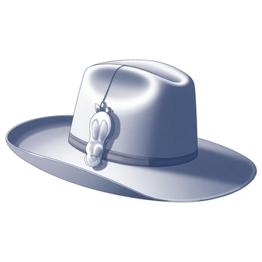 A cowboy hat with a wide brim is prominently displayed. The hat is made of textured material, emphasizing its sturdy design. Attached to the brim is a rabbit's foot charm, which hangs delicately, showcasing its soft fur and distinct shape. The charm's details, including its claws and ears, are clearly visible, adding an interesting element to the overall image. The hat rests on a flat surface, allowing for a clear view of both the hat and the charm.