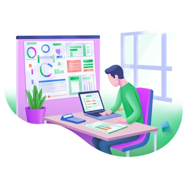 An accountant is seated at a wooden desk, focused on their work. The desk is filled with colorful ledgers and charts, showcasing various data in vibrant hues of blue, green, and red. A laptop is open in front of the accountant, displaying a spreadsheet, and a calculator is nearby. The walls of the office are painted in soft pastel colors, and a window lets in natural light, illuminating the workspace. A potted plant sits on the corner of the desk, adding a touch of greenery to the bright office environment.