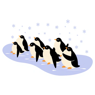 A group of cute penguins sliding happily on a smooth, icy surface. Each penguin has a round body with a distinctive black and white coloring, and their flippers are outstretched for balance. Snowflakes in various sizes are gently falling from the sky, creating a whimsical atmosphere. The background features a soft white snow-covered landscape, enhancing the winter scene. Some of the penguins are playfully bumping into each other as they glide along the ice, while others are catching snowflakes on their beaks.