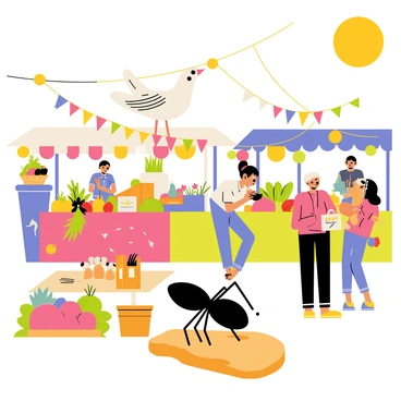 A white "colombe" with outstretched wings is perched on a colorful stall displaying various fruits and vegetables. The "ant" is shown walking along a wooden table, investigating a crumb of bread. Surrounding them are vibrant market stalls with a mixture of fresh produce, flowers, and handmade crafts. People are bustling around, engaging in lively conversations, while bright banners and decorations hang above, adding to the festive atmosphere. The sun is shining brightly, illuminating the scene with warm light.