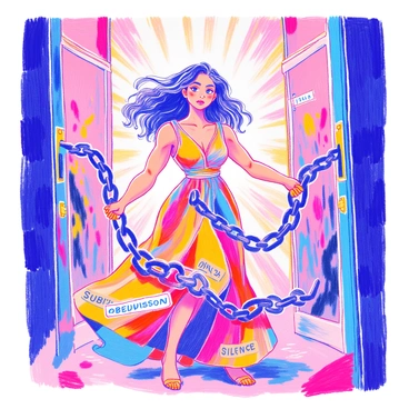A woman is depicted breaking chains that are labeled with the words "Submission," "Obedience," and "Silence." She has strong, determined facial features, with her hair flowing freely around her shoulders. Her arms are muscular, showcasing her strength as she forcefully pulls apart the chains. She is wearing a flowing, vibrant dress that billows around her as she moves. The background is filled with symbols of empowerment, such as open doors and rays of light, enhancing the sense of liberation.