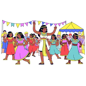 Cleopatra is standing in the center of a lively Egyptian festival. She is wearing an elaborate costume adorned with golden jewelry and intricate beadwork, reflecting the sun's rays. Surrounding her are dancers dressed in vibrant, flowing garments of red, turquoise, and gold, moving gracefully to the rhythm of traditional music. Colorful banners and garlands are hanging from nearby structures, adding to the festive atmosphere. In the background, spectators are clapping and cheering, creating a sense of celebration and excitement.