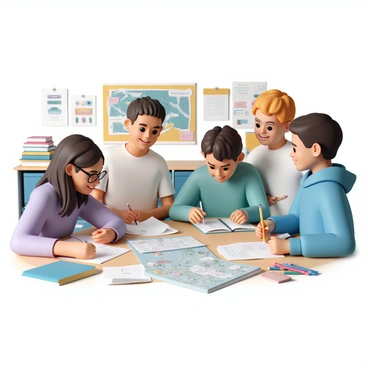 A group of five students, two girls and three boys, gathered around a large wooden table in a bright classroom filled with colorful posters. Each student has a notebook open in front of them, filled with handwritten notes. One girl, wearing glasses and a purple sweater, is pointing at a map laid out on the table, which shows different destinations. The boys, dressed in casual t-shirts and jeans, are eagerly discussing their ideas, with one boy writing a list on a notepad. Another girl, wearing a blue hoodie, is smiling and holding a colorful pen, ready to jot down suggestions. Various school supplies, like pencils and markers, are scattered across the table as they plan their field trip.