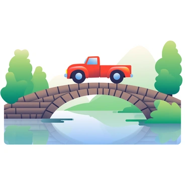 A red truck is driving across an old wooden bridge that spans over a calm river. The truck is positioned in the center of the bridge, with its shiny exterior reflecting the sunlight. The bridge's wooden planks are weathered, showing signs of age and wear. The river below is smooth and appears glassy, with the surrounding greenery mirrored in its surface. Lush trees line the riverbanks on both sides, their leaves vibrant in various shades of green. In the background, there are gentle hills that add depth to the scene.