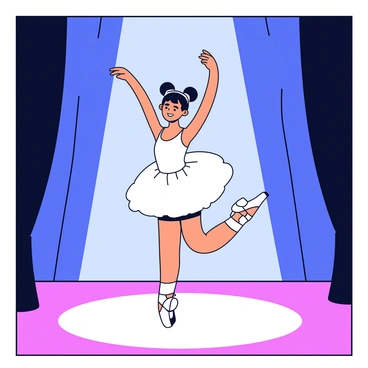 A ballet dancer in a white tutu is leaping elegantly on a theater stage. The dancer has her arms gracefully extended above her head and her legs in a perfect split. The stage is illuminated with soft spotlighting that highlights the dancer's movement. In the background, there are dark, curtained side panels of the theater, emphasizing the focus on the dancer. The floor of the stage is polished wood, reflecting the light beautifully.