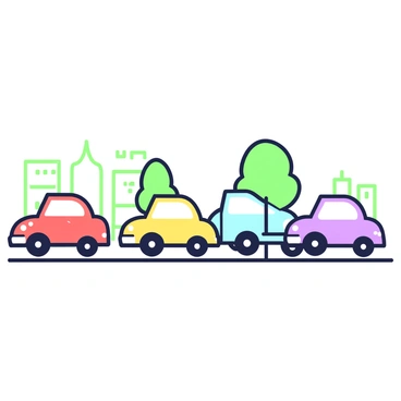 A line of small cars is parked side by side on a street. Each car is painted in a distinct shade, representing the colors of the rainbow. The first car is red, followed by an orange car, then a yellow one. Next, there is a green car, followed by a light blue car, then a dark blue car, and finally a purple car at the end of the line. The cars are compact and have rounded edges, with shiny finishes that reflect light. The background features a simple urban setting, with some trees and buildings visible in the distance.