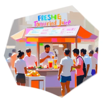A bustling street stall is offering fresh tamarind juice, with a large, colorful sign reading "Fresh Tamarind Juice" in bold letters. The stall is adorned with additional vibrant signs showcasing prices and flavors, creating a lively atmosphere. Behind the counter, a vendor with a friendly smile is pouring a tall glass of tamarind juice, the rich brown color glistening in the sunlight. Locals are gathered around the stall, some holding their drinks, while others are chatting animatedly. The scene is filled with energy, capturing the essence of community and enjoyment. Brightly colored decorations and fresh fruit are displayed around the stall, enhancing the overall vibrancy of the setting.