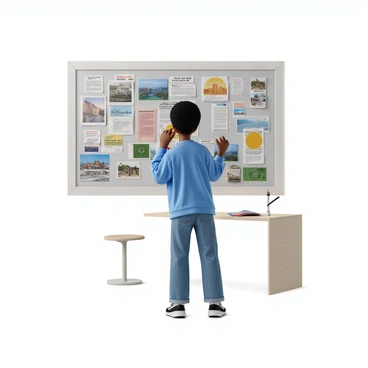 A young adult with light brown skin and curly hair is standing in a bright, well-lit room. They are gazing thoughtfully at a large vision board mounted on the wall. The vision board is filled with various images and clippings, showcasing aspirations such as a beautiful house, travel destinations, and financial goals, with phrases like "savings" and "dream big" prominently displayed. The young adult is wearing a casual outfit consisting of a blue sweatshirt and jeans. A notebook and pen are placed on a small desk nearby, suggesting they are planning and jotting down ideas.