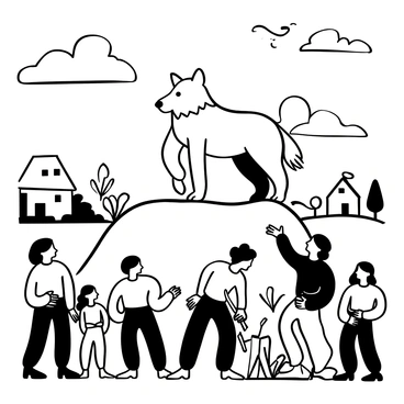 A large, muscular wolf standing protectively on a rocky outcrop. The wolf has its fur bristling, conveying a sense of strength and determination. Below, a group of villagers are depicted, looking up in admiration and relief. Some villagers are dressed in simple medieval clothing, while others are holding farming tools. In the background, there is a small village with thatched-roof houses and a few trees. The scene is framed by a dramatic sky, enhancing the sense of bravery as the wolf stands guard over the villagers.