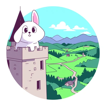 A white rabbit with large, curious eyes is peering out from a stone tower at the top of a tall castle. The tower has a pointed roof and small windows, providing a clear view over the sprawling kingdom below. The kingdom features lush green fields, winding roads, and small cottages scattered throughout the landscape. In the distance, there are majestic mountains under a blue sky with fluffy white clouds. The rabbit is perched on the edge of the tower, its ears perked up as it surveys the vibrant scenery.