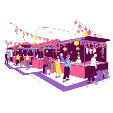 An outdoor festival scene featuring a variety of colorful stalls. Each stall is adorned with garlands of vibrant flowers draping from the edges. Lanterns hang above each stall, illuminating the area with a warm, inviting glow. People are gathered, enjoying the atmosphere and browsing the offerings. Some are engaged in conversation, while others sample food from the stalls. The ground is lined with colorful carpets, adding to the festive decor. Bright banners wave gently in the breeze, enhancing the overall joyful ambiance of the event.
