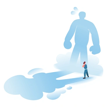 A shadow of a person stretches out on the ground, appearing much larger than the individual casting it. The person stands in a slightly hunched posture, with their arms drawn close to their body. The shadow features exaggerated shapes that symbolize various fears, such as a towering figure and dark, looming shapes. The background consists of a smooth surface, enhancing the stark contrast between the shadow and the ground. The entire scene is bathed in gradient pastel colors, creating a dreamlike atmosphere.