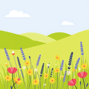 A field filled with colorful wildflowers swaying gently in the breeze. The wildflowers include bright yellow daisies, deep purple lavender, and cheerful red poppies. In the distance, rolling green hills stretch under a clear blue sky. A few fluffy white clouds drift lazily overhead, adding to the tranquil atmosphere. Small butterflies flutter among the flowers, enhancing the lively scene in the Bretagne countryside.