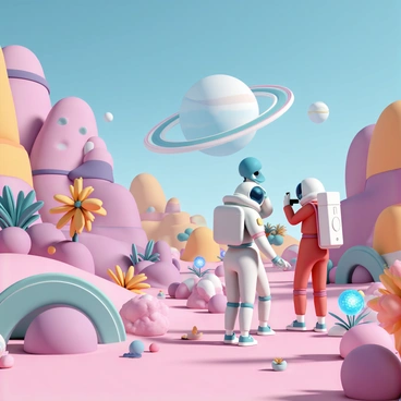 A group of astronauts in futuristic space suits is navigating a vibrant alien landscape filled with unusual rock formations and colorful flora. One astronaut, wearing a blue helmet and a silver suit, is collecting samples from the ground, while another, in a red suit, is examining a strange glowing plant nearby. In the background, a massive gas giant planet is visible in the sky, surrounded by colorful rings. A third astronaut is taking photographs with a camera, capturing the stunning scenery. The atmosphere is filled with excitement as they embark on their thrilling exploration.
