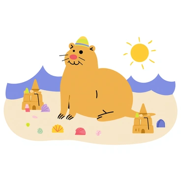 A capybara sitting on a sandy beach, wearing a small colorful sun hat. The capybara is smiling and surrounded by a few beautifully crafted sandcastles in various shapes. Scattered around are several colorful seashells of different sizes, some partially buried in the sand. In the background, there is a gentle wave lapping at the shore, with a bright sun shining in a clear blue sky.