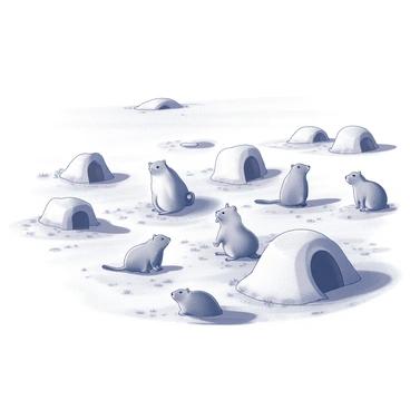 A prairie dog town filled with multiple burrows scattered across the landscape. Several prairie dogs are actively scurrying about, some emerging from their burrows while others stand alert on their hind legs. The ground is uneven and dotted with small patches of grass, creating a natural habitat for these creatures. In the background, additional burrows can be seen, providing a sense of community among the prairie dogs. The entire scene has a lively atmosphere as the prairie dogs engage with each other and their environment.