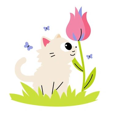A curious kitten with fluffy fur and big bright eyes is sniffing a vibrant flower. The flower has large, colorful petals in shades of pink and purple, standing tall on a green stem. The kitten's tiny nose is close to the flower, displaying its inquisitive nature. The background is filled with lush green grass and a few butterflies fluttering nearby.