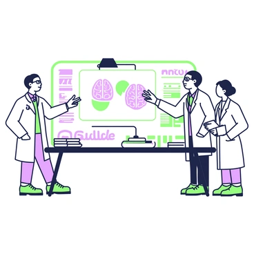 A group of doctors is standing around a large conference table engaged in a discussion about lobotomy. One doctor, wearing glasses, is pointing at a chart displayed on a projector. The chart illustrates brain anatomy, highlighting specific areas of interest. Another doctor, holding a notepad, takes notes while observing the presentation. The room is filled with medical textbooks and journals, stacked neatly on the table. A whiteboard behind the group has diagrams and keywords written on it, showcasing various medical terms related to the topic.