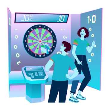 Two friends are standing in a brightly lit, futuristic game room, focused on the dartboard ahead. One friend, with short brown hair and wearing a blue sports jersey, is in the process of throwing a dart, his expression showing concentration. The other friend, with curly hair and dressed in a green t-shirt, stands nearby holding a dart in one hand, ready to take his turn. The walls of the room feature neon-lit decorations, and a digital scoreboard displays their scores. In the background, colorful holographic lights create an energetic atmosphere, enhancing the competitive yet friendly vibe of the match.