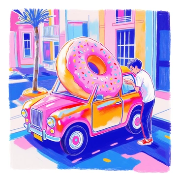 A person stands next to a small car, attempting to fit a giant donut into the back seat. The donut is oversized, with a colorful sprinkle topping and a glossy icing finish. The person is leaning forward, with a determined expression on their face, wearing a casual t-shirt and jeans. The car is compact, with round edges and vibrant paint, parked on a sunny street. Sunlight casts shadows on the pavement, highlighting the amusing size contrast between the donut and the car.