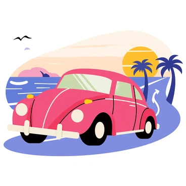 A bright red Beetle car drives along a winding coastal road. The car is viewed from the side, showcasing its distinctive shape and shiny exterior. The sun is setting on the horizon, casting an orange and pink glow across the sky. Gentle waves can be seen crashing against the rocky shoreline in the background. Palm trees line the road, their silhouettes contrasting with the vibrant colors of the sunset. A seagull flies overhead, adding to the coastal atmosphere.