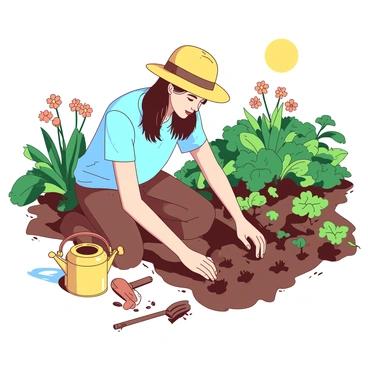 A young adult is kneeling in a vibrant vegetable garden, carefully planting seeds in rich brown soil. The sun shines brightly, casting warm light over the scene. Lush green plants surround the person, and there are rows of freshly disturbed soil ready for seeds. The young adult is wearing a light blue shirt and a sun hat, with hands gently placing seeds into small holes. Nearby, a watering can in a soft yellow color rests on the ground, and a few garden tools are scattered around. In the background, blooming flowers add pops of color to the garden.