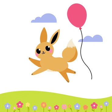 An Eevee with fluffy brown fur and large, expressive eyes is holding a bright red balloon. The Eevee is floating gently through the air, with its ears flapping slightly in the breeze. The balloon is tethered to the Eevee's paw with a thin string, creating a playful scene. Below, a vibrant green landscape filled with colorful flowers stretches out, adding depth to the background. The sky is a clear blue with a few fluffy white clouds.
