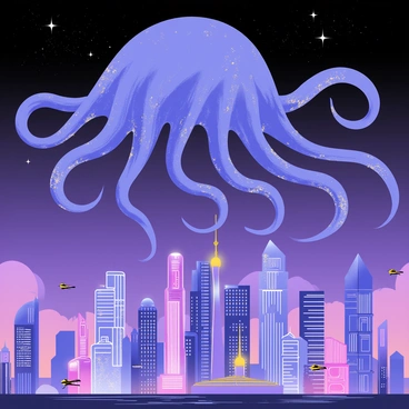 An enormous tentacled cosmic being looms over the skyline of a futuristic city. The being has multiple long, swirling tentacles extending outward, each adorned with shimmering, iridescent patterns. The skyline features sleek, glass skyscrapers with bright neon lights that reflect against the being's form. The sky is a deep purple, sprinkled with glowing stars, creating a contrasting backdrop to the towering figure. Below, tiny flying vehicles zip around the buildings, emphasizing the scale of the cosmic being above.