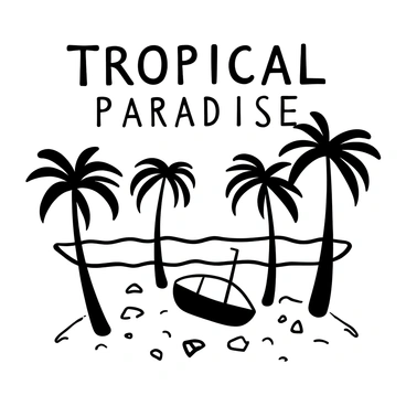 A collection of tall palm trees with slender trunks, gently swaying in the breeze on a sandy beach. The sandy beach is dotted with seashells and small stones. In the distance, waves crash against the shore, creating a rhythmic pattern. A small wooden boat rests on the beach, partially buried in the sand. Above the scene, the words "Tropical Paradise" are prominently displayed.