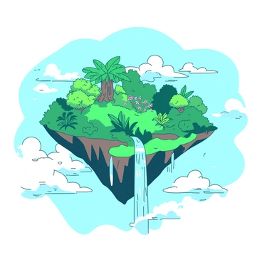 A duotone illustration of a floating island suspended in the sky. The island is covered in vibrant green foliage, with cascading waterfalls flowing from its edges and splashing into the clouds below. Various plants with large leaves and colorful flowers can be seen throughout the lush landscape. Above the island, the sky is a soft blue, adding contrast to the vivid greenery. The waterfalls create mist that catches the light, enhancing the ethereal atmosphere of the scene.