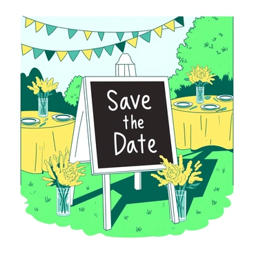 A white chalkboard easel stands prominently at the center of a garden party setup. The easel displays the text "Save the Date" written in elegant white chalk lettering. Surrounding the easel, there are vibrant yellow flowers in small glass vases, adding cheerfulness to the scene. Colorful bunting made of yellow and teal fabric is strung above, fluttering gently in the breeze. The grass is lush and green, providing a perfect backdrop for the decorations. In the background, there are tables adorned with yellow tablecloths, each set with teal plates and napkins, completing the festive atmosphere.