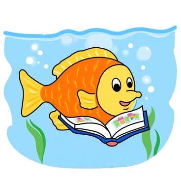 A colorful, cute fish with bright orange and yellow scales is floating in clear blue water. The fish has large, expressive eyes and a small smile, giving it an endearing appearance. It is holding a small, open book with colorful illustrations, positioned in front of its face. Bubbles are rising around the fish, and there are hints of green seaweed in the background. The light from the water surface creates a shimmering effect, illuminating the scene.