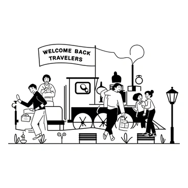 Passengers are stepping off a train onto a platform. The train is a classic steam locomotive with intricate details on its exterior. A diverse group of passengers includes a man with a suitcase, a woman carrying a handbag with a floral design, and a child holding a toy. They are all looking joyful and excited. In the background, a large banner reads "Welcome Back Travelers" in bold letters, suspended above the platform. The platform is lined with vintage lampposts and there are benches with ornate patterns. There are small decorative plants placed around the area.