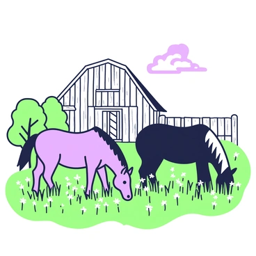 Two horses are grazing in a rustic farm setting. One horse is a chestnut with a shiny coat, and the other is a black horse with a sleek mane. They are surrounded by tall green grass dotted with wildflowers. In the background, there is a wooden barn with a slanted roof, weathered from time and use. To the side, a wooden fence encloses the grazing area. A few trees are planted nearby, their leaves swaying gently in the breeze. The sky above is clear with a few wispy clouds drifting by.