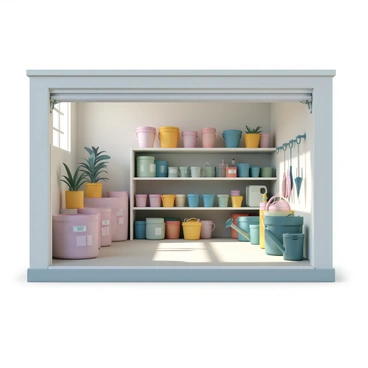 A garage, filled with various gardening supplies. There are colorful pots in different sizes arranged neatly on shelves. Large bags of soil, labeled with their contents, are stacked against one wall. A collection of gardening tools, including a trowel, pruning shears, and a watering can, are organized on a tool rack. Sunlight streams through a window, casting soft shadows across the floor, illuminating this organized space dedicated to planting.